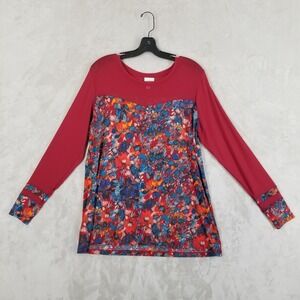 Lori Goldstein Top Women L Red Floral Semi-Sheer Long Sleeve Tunic
